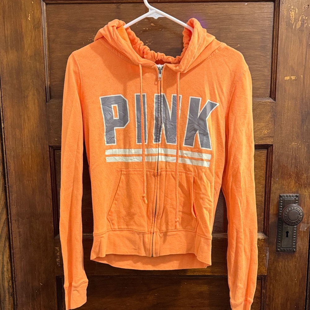 PINK Victoria's Secret Orange Zip Hoodie with Silver Logo